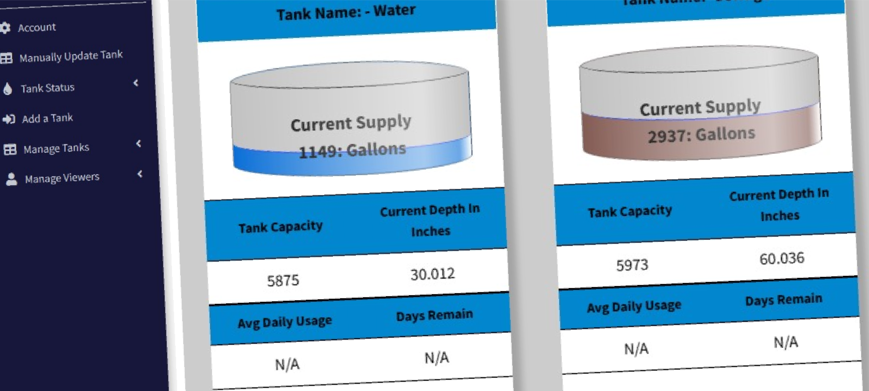 LumeLevel dashboard showing live tank simulation, tank list, alerts, and sharing controls
