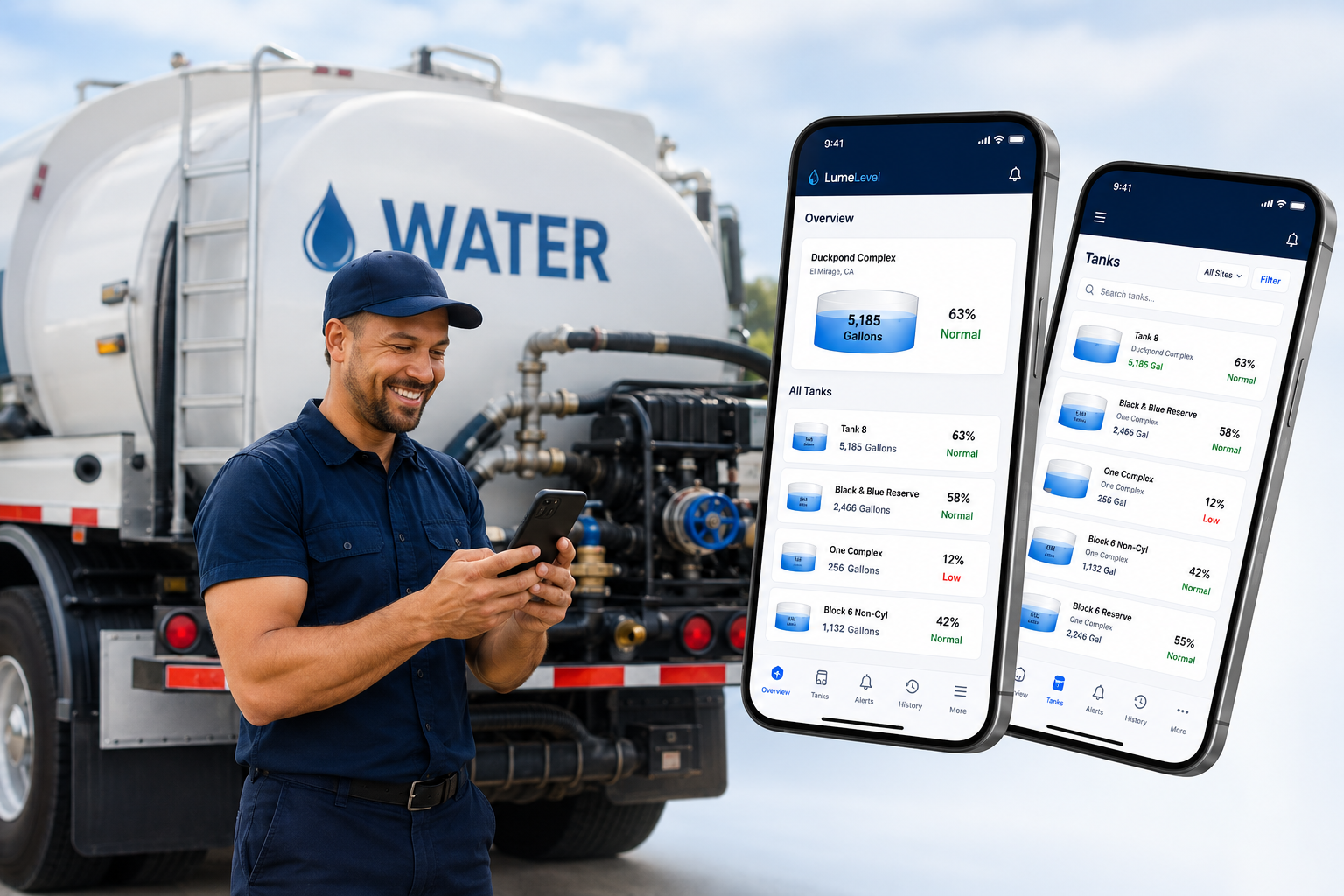 Water supplier using LumeLevel beside a water truck