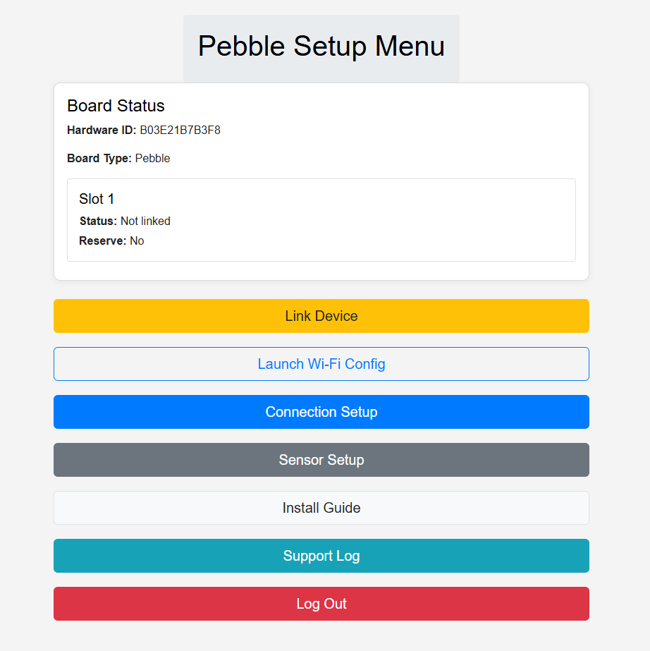 Pebble local setup home page